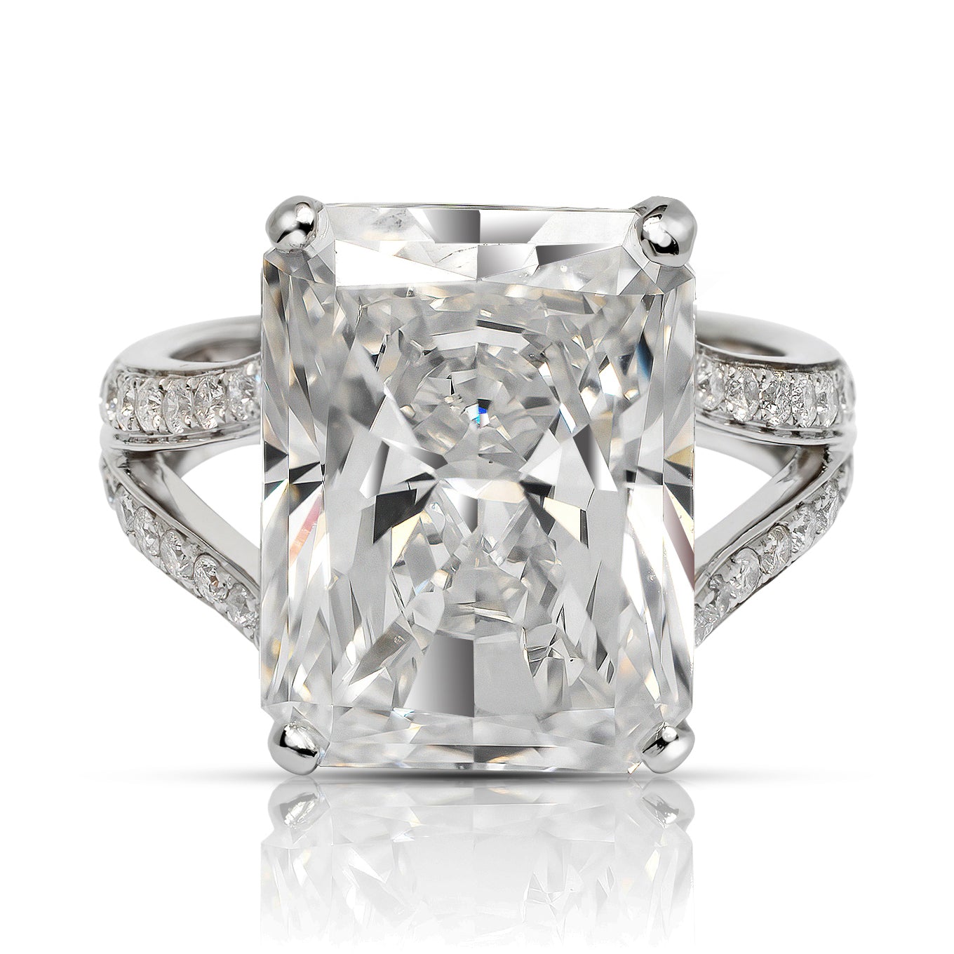 Diamond Ring Radiant Cut 13 Carat Sidestone Ring in 18K White Gold Front View