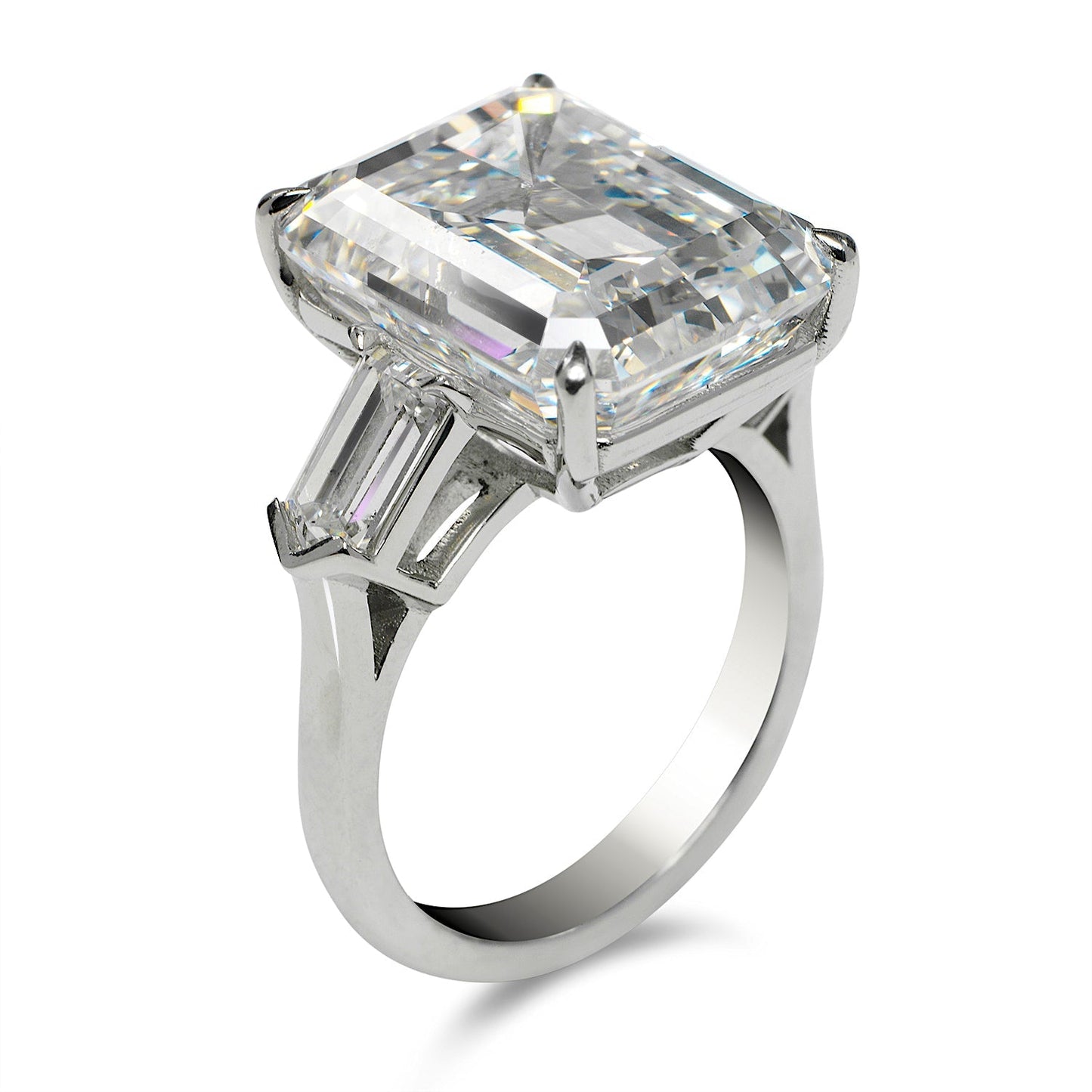 Diamond Ring Emerald Cut 15 Carat Three Stone Ring in Platinum Side View