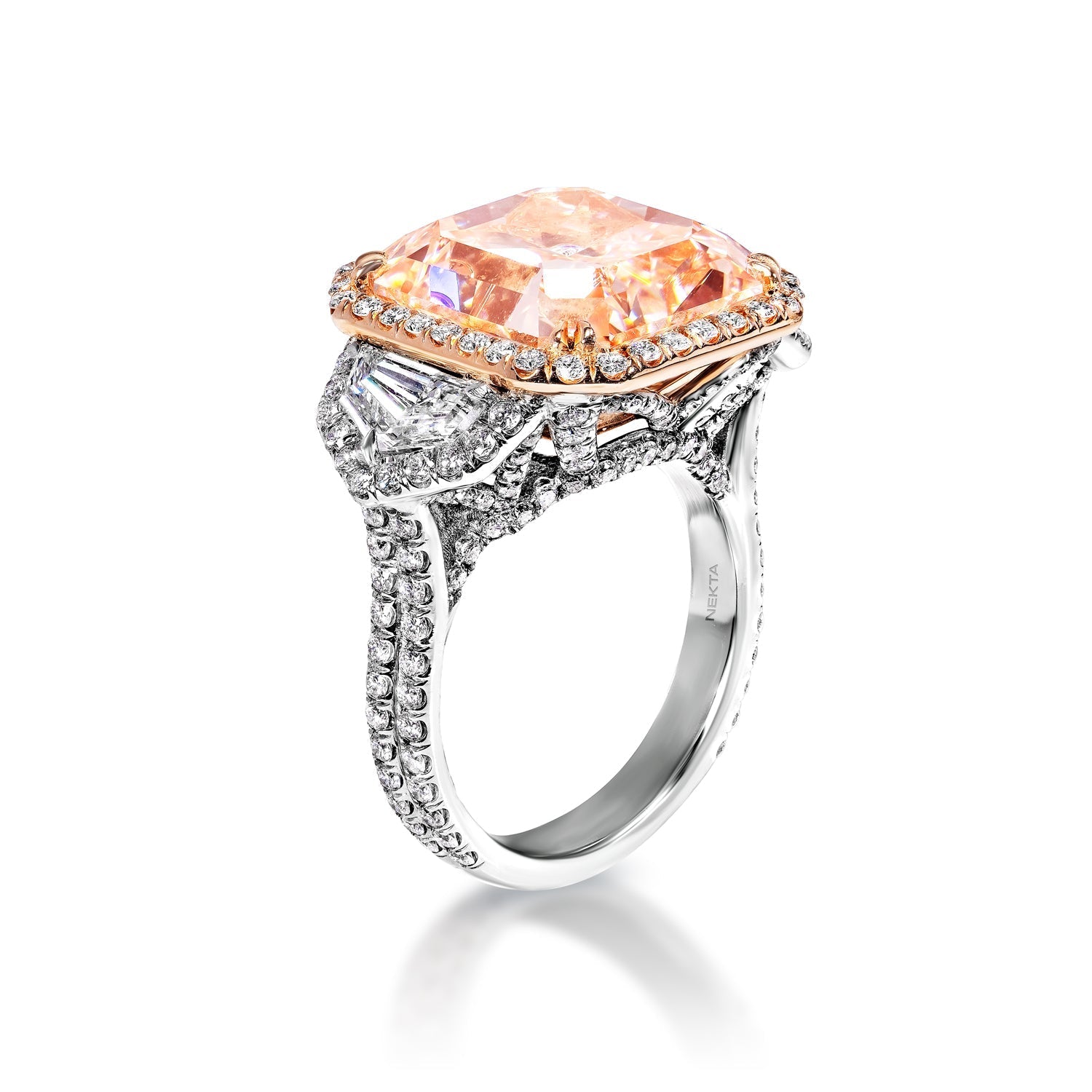 PRIEM 15 Carat Radiant Cut Fancy Intense Orangy Pink Three Stone Diamond Engagement Ring GIA Certified 13 CT Fancy Orangey Pink by Mike Nekta NYC Side View