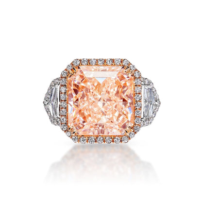 PRIEM 15 Carat Radiant Cut Fancy Intense Orangy Pink Three Stone Diamond Engagement Ring GIA Certified 13 CT Fancy Orangey Pink by Mike Nekta NYC Front View