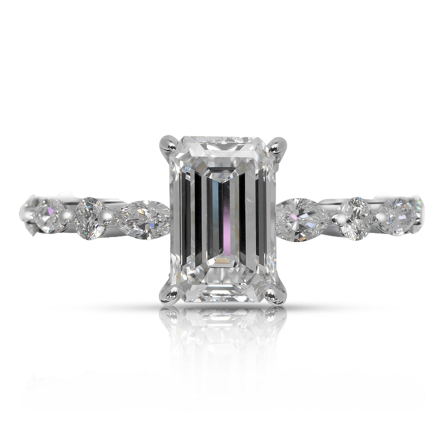 Diamond Ring Emerald Cut 2 Carat Sidestone Ring in 18K  White Gold Front View