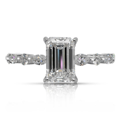 Diamond Ring Emerald Cut 2 Carat Sidestone Ring in 18K  White Gold Front View