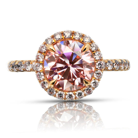 Orangy Pink Diamond Ring Round Cut 2 Carat Halo Ring in 18 K Rose Gold Front View