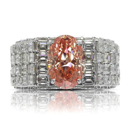 Orangy Pink Diamond Ring Oval Cut 20 Carat Men's Chandelier Ring in 14K White Gold Front View