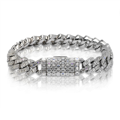 Men's Diamond Cuban Link Chain Bracelet 20 Carat in 14K White Gold Front View