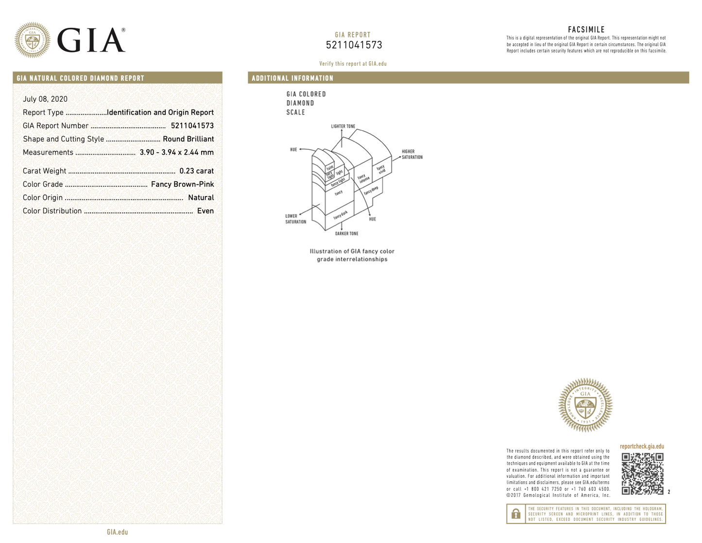 Brown Pink Diamond Round Brilliant Cut .23 Carat Argyle Diamond Gia Report View