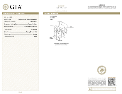 Brown Pink Diamond Round Brilliant Cut .23 Carat Argyle Diamond Gia Report View