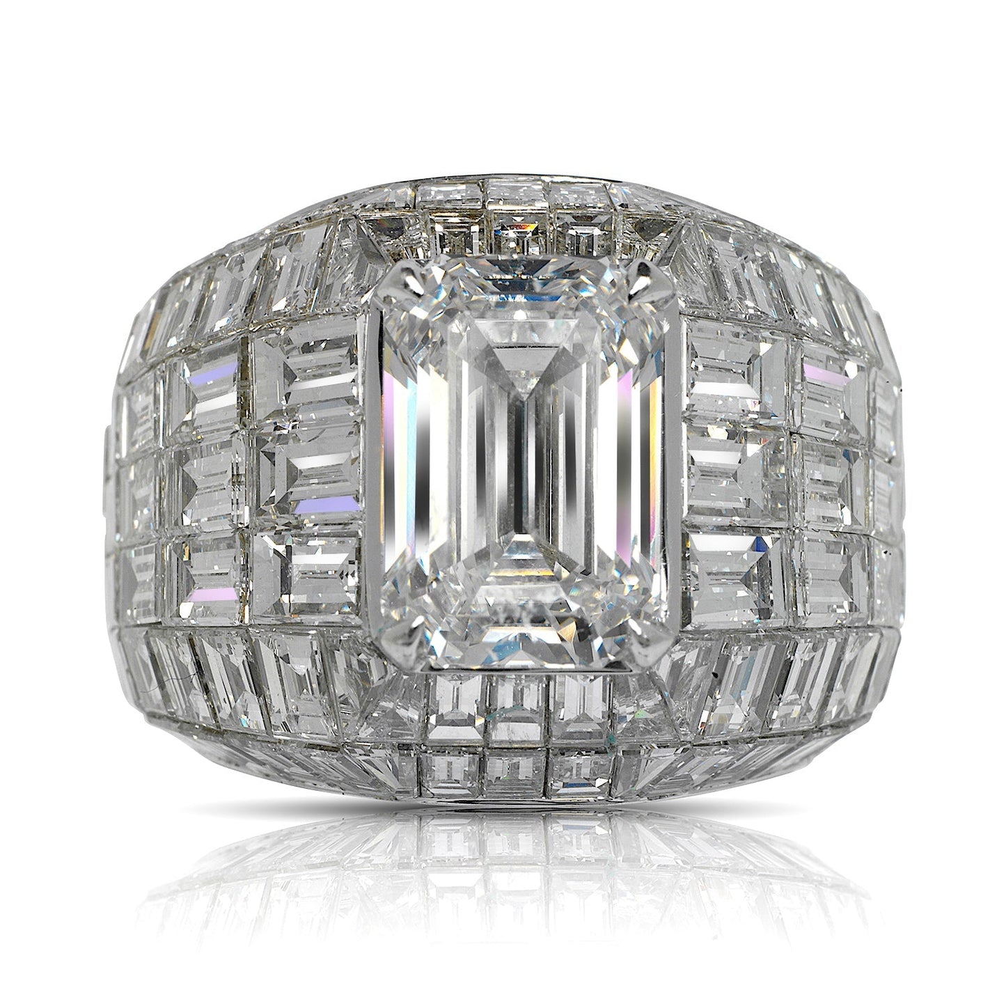 Men's Diamond Engagement Ring Emerald Cut 25 Carat Chandelier Ring in 18K White Gold Front View