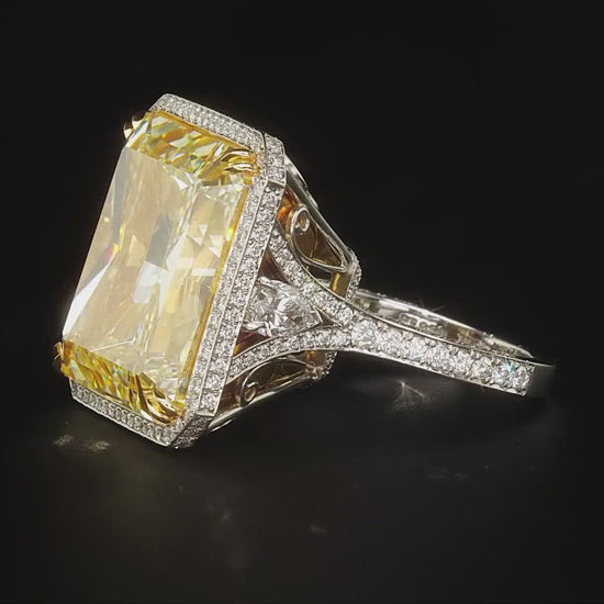 Fancy Yellow Diamond Ring Radiant Cut 40 carat Halo Ring in Platinum & 18K Gold 360 View