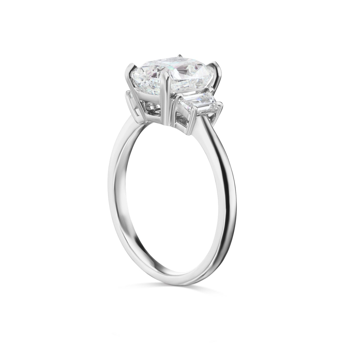 Diamond Ring Cushion Cut 3 Carat Three Stone Ring in Platinum Side View