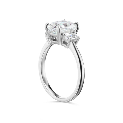 Diamond Ring Cushion Cut 3 Carat Three Stone Ring in Platinum Side View