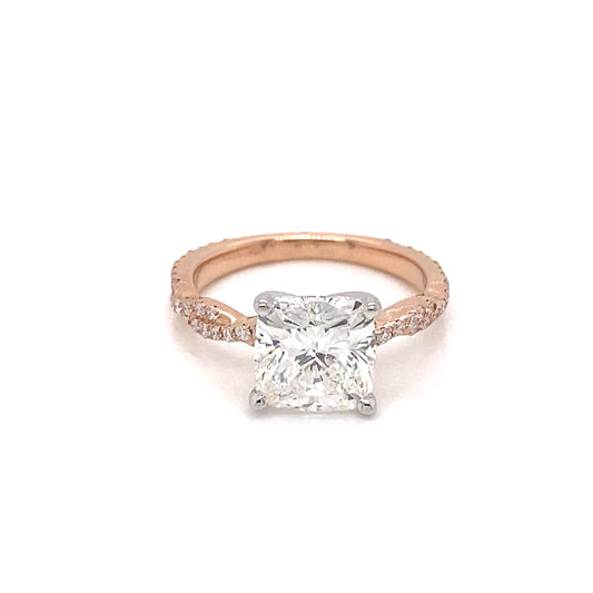 Light Pink Diamond Ring Cushion Cut 3 Carat Sidestone Ring in 18K Rose Gold Front View