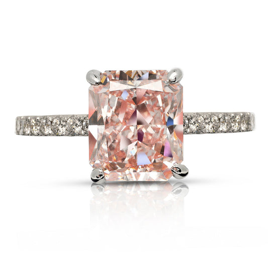 Pink Diamond Ring Radiant Cut 3 Carat Sidestone Ring in 18K White Gold Front View