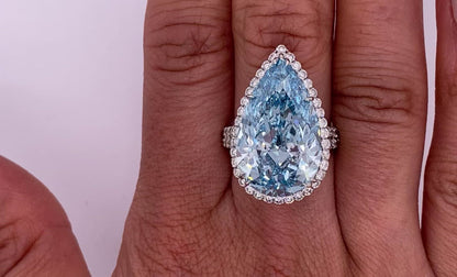 Blue Diamond Ring Pear Shape Cut 15 Carat Halo Ring in 18K White Gold Video on Hand