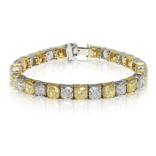 Yellow Diamond Bracelet Cushion Cut 31 Carat Inline Diamond Tennis Bracelet in 18K Gold Front View