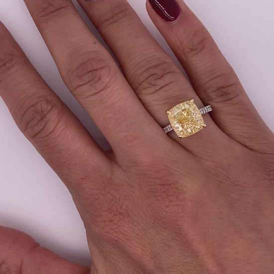 Yellow Diamond Ring Cushion Ring 6 Carat Solitaire Ring in 18k Gold Video on Hand