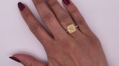 Yellow Diamond Ring Cushion Ring 6 Carat Solitaire Ring in 18k Gold Video on Hand