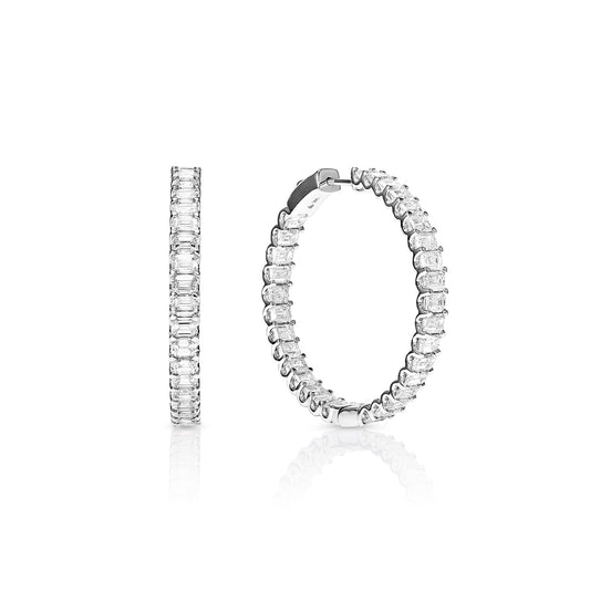 Eliza 10 Carats Emerald Cut Earth Mined Hoops Diamond Earrings in 14 karat White Gold Front and Side View