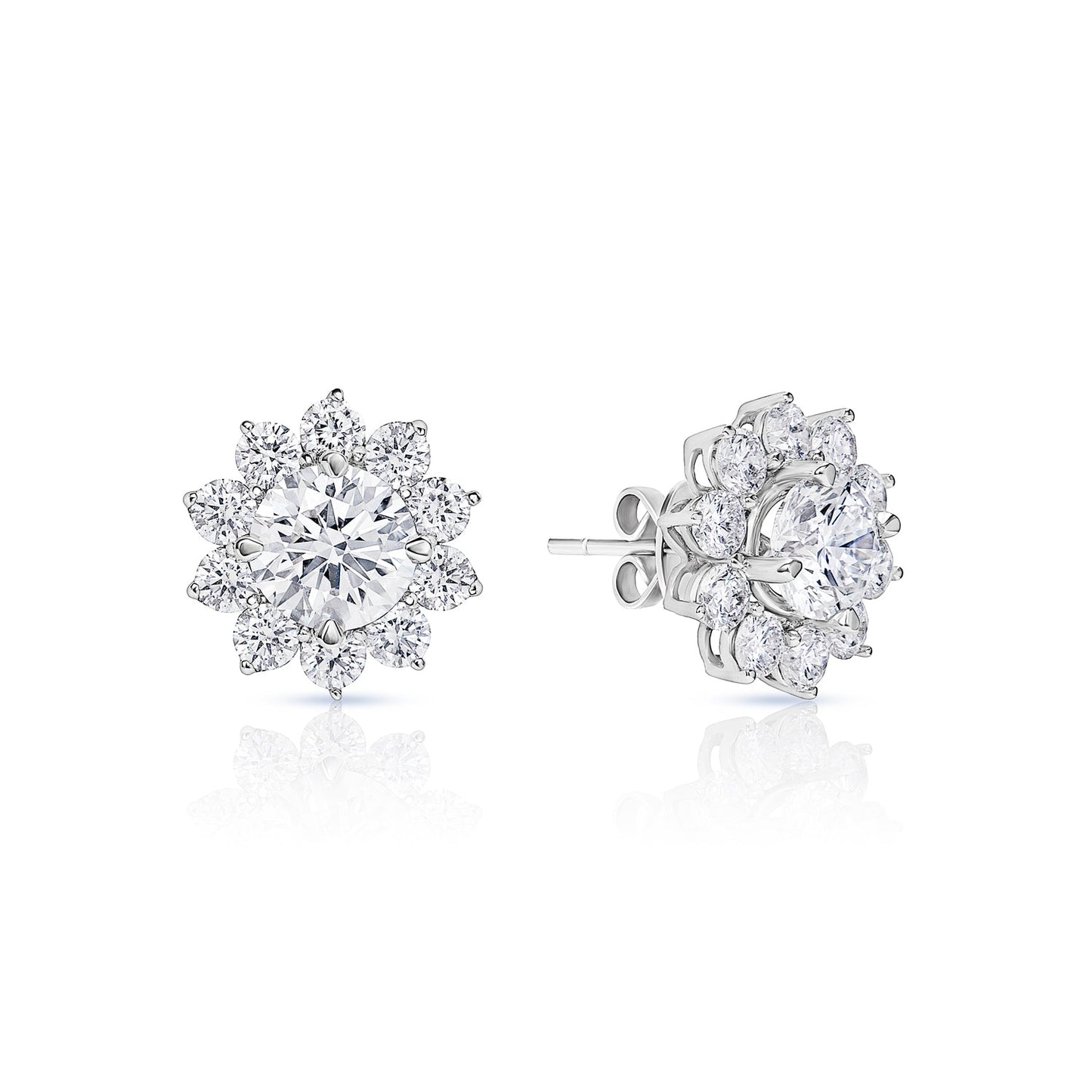 Maria 3 Carat Round Brilliant Lab Grown Diamond Stud Earrings in 18k White Gold Front and Side View