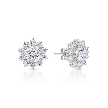 Maria 3 Carat Round Brilliant Lab Grown Diamond Stud Earrings in 18k White Gold Front and Side View