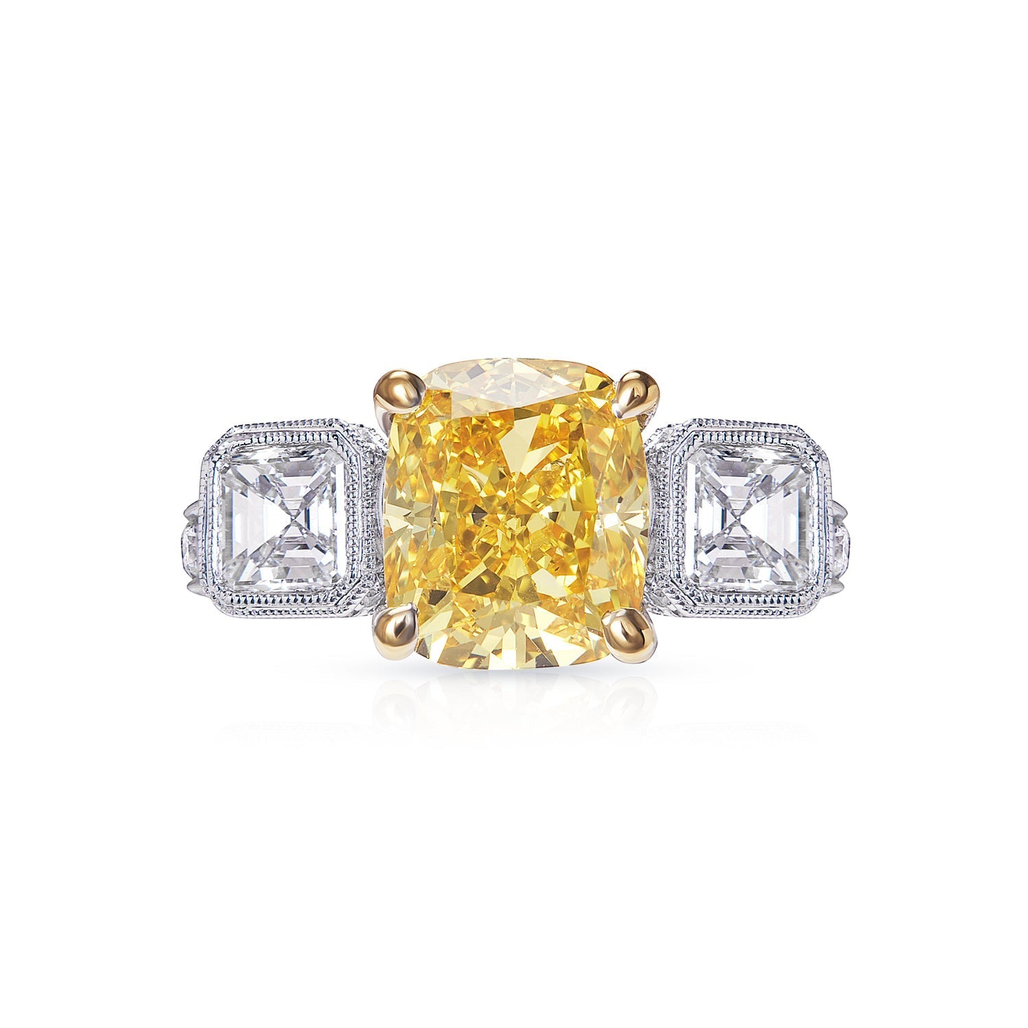 Esther 6 Carat Fancy Vivid Orangey Yellow VS1 Cushion Cut Earth Mined  Diamond Engagement Ring Three Stone. GIA