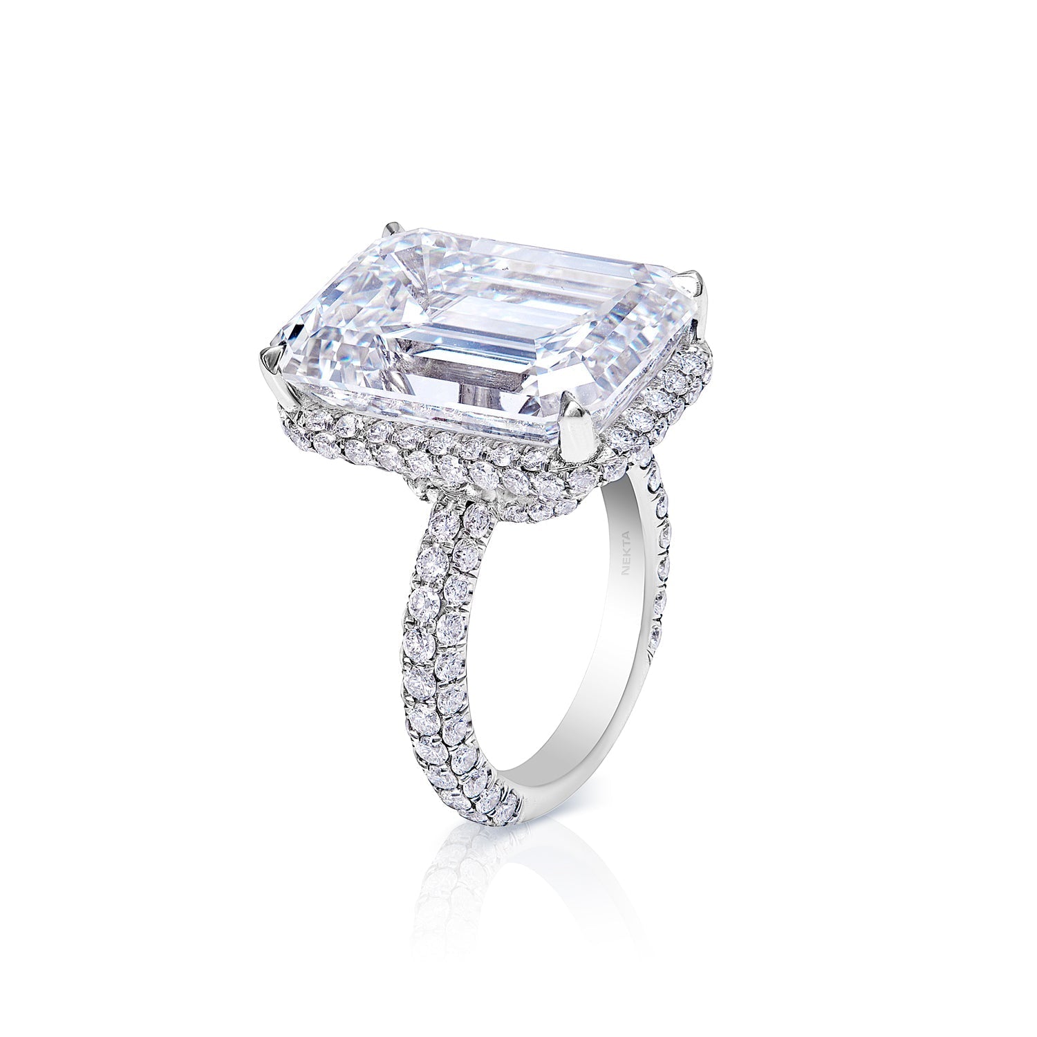 Kylie 23 Carat G VVS1 Earth Mined Emerald Cut Diamond Engagement Ring Sidestone in Platinum. GIA Certified Side View