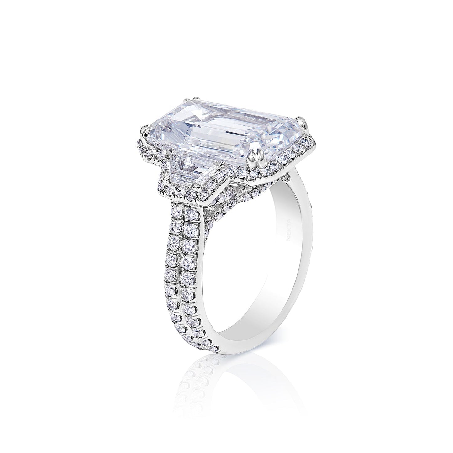 Norah 9 Carat Emerald Cut E VVS1 Diamond Engagement Ring in Platinum. GIA Side View