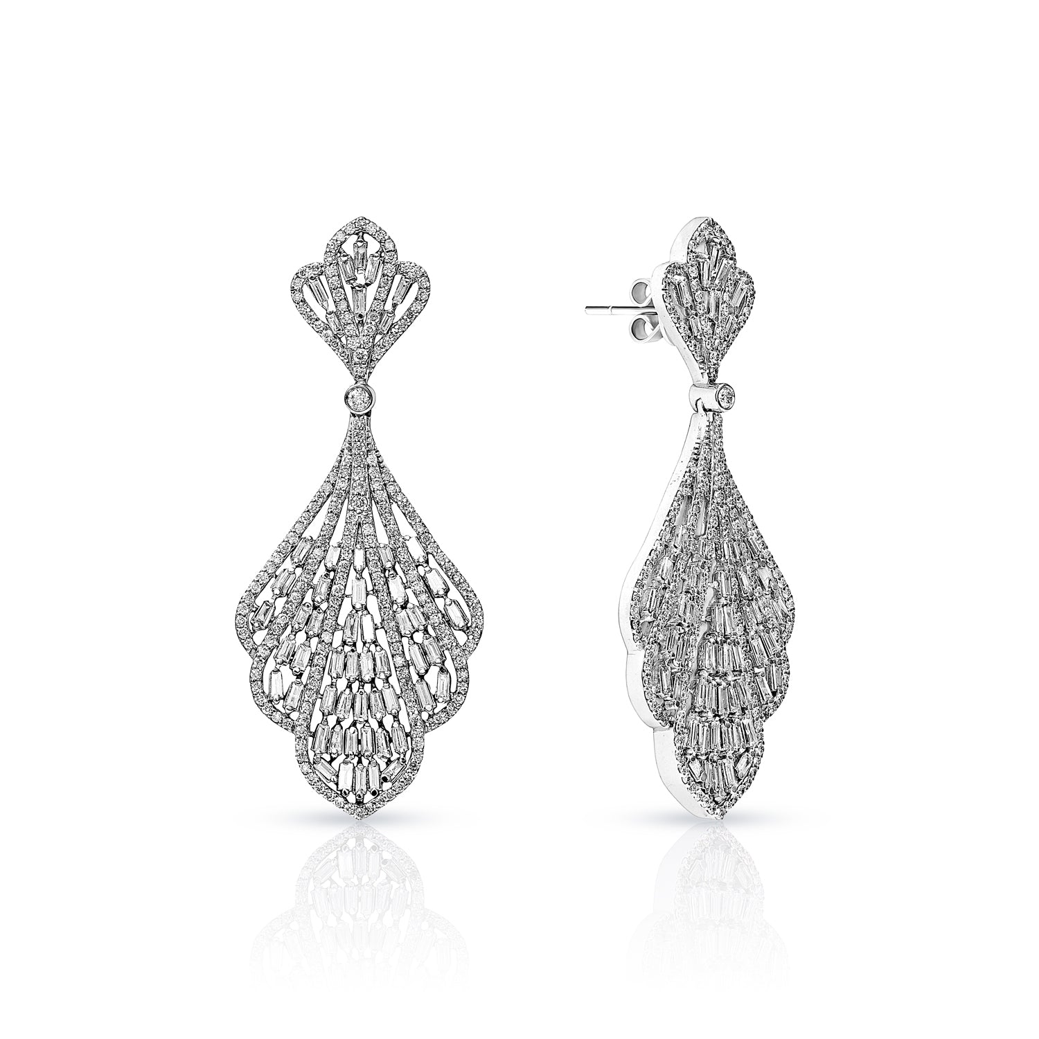 Peyton 4 Carat Combine Mixed Shape Chandelier Diamond Earrings for Ladies in 14kt White Gold Front and Side View