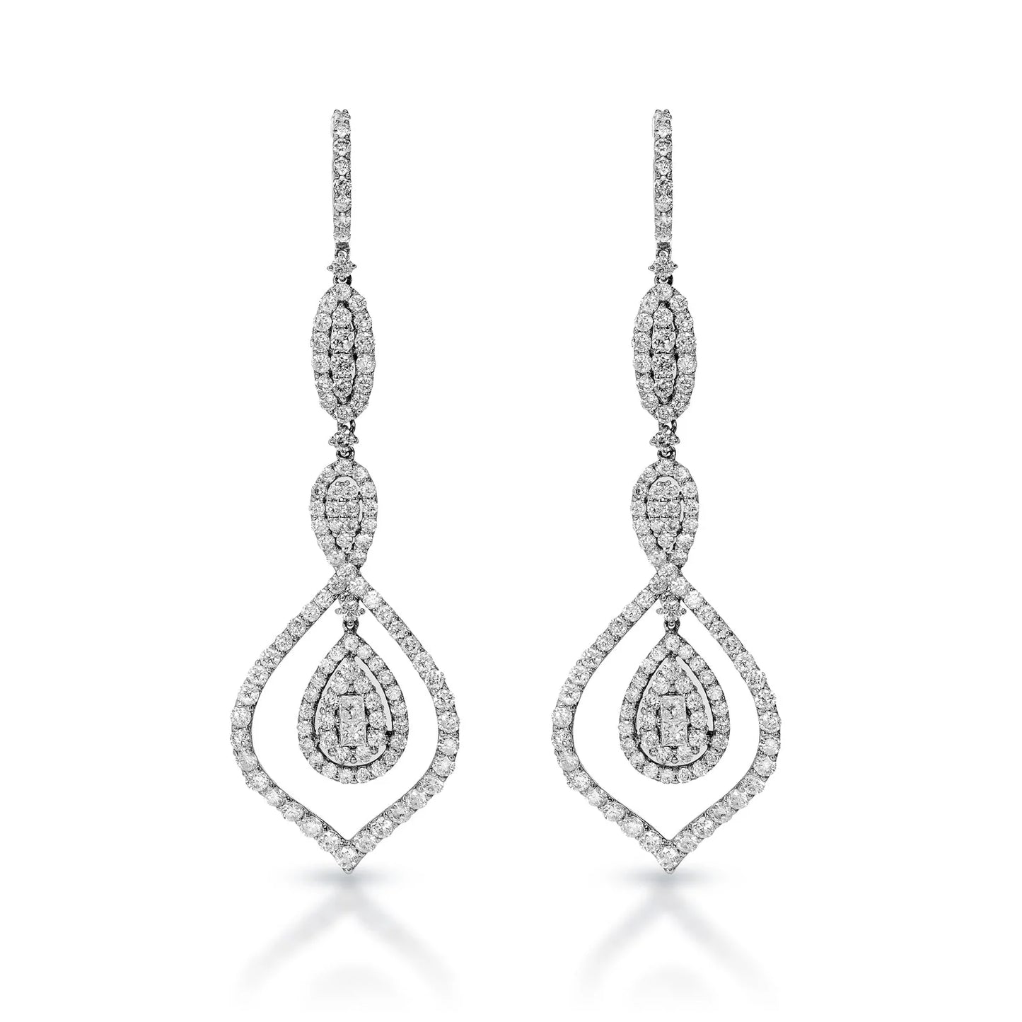 Kiana 5 Carats Combine Mixed Shape Diamond Chandelier Earrings in 18 Karat White Gold Front View