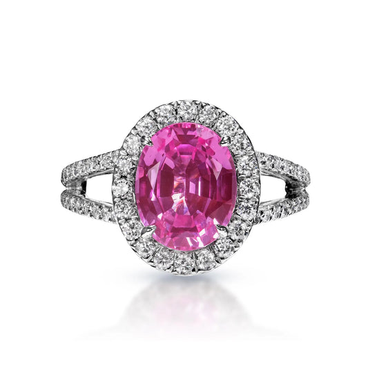 Emberly 4 Carat Oval Cut Pink Sapphire Ring in 18 Karat White Gold Front View