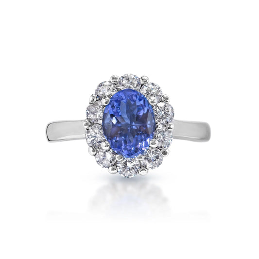 Stevie 2 Carat Oval Cut Tanzanite Ring in 14 Karat White Gold Front View