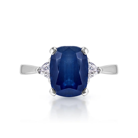 Maggie 3 Carat Oval Cut Blue Sapphire Ring in 14 Karat White Gold Front view