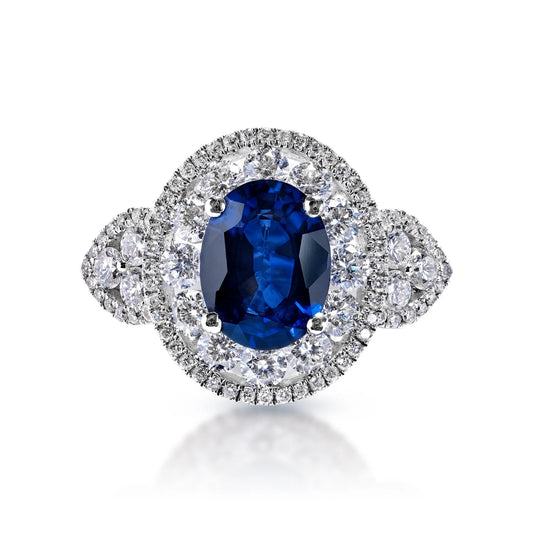 Tessa 4 Carat Oval Cut Blue Sapphire Ring in 18 Karat White Gold Front View