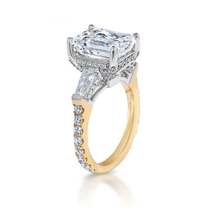 Leylani 7 Carat E VVS2 Emerald Cut Lab Grown Diamond Engagement Ring in 18k White & Yellow Gold Side View