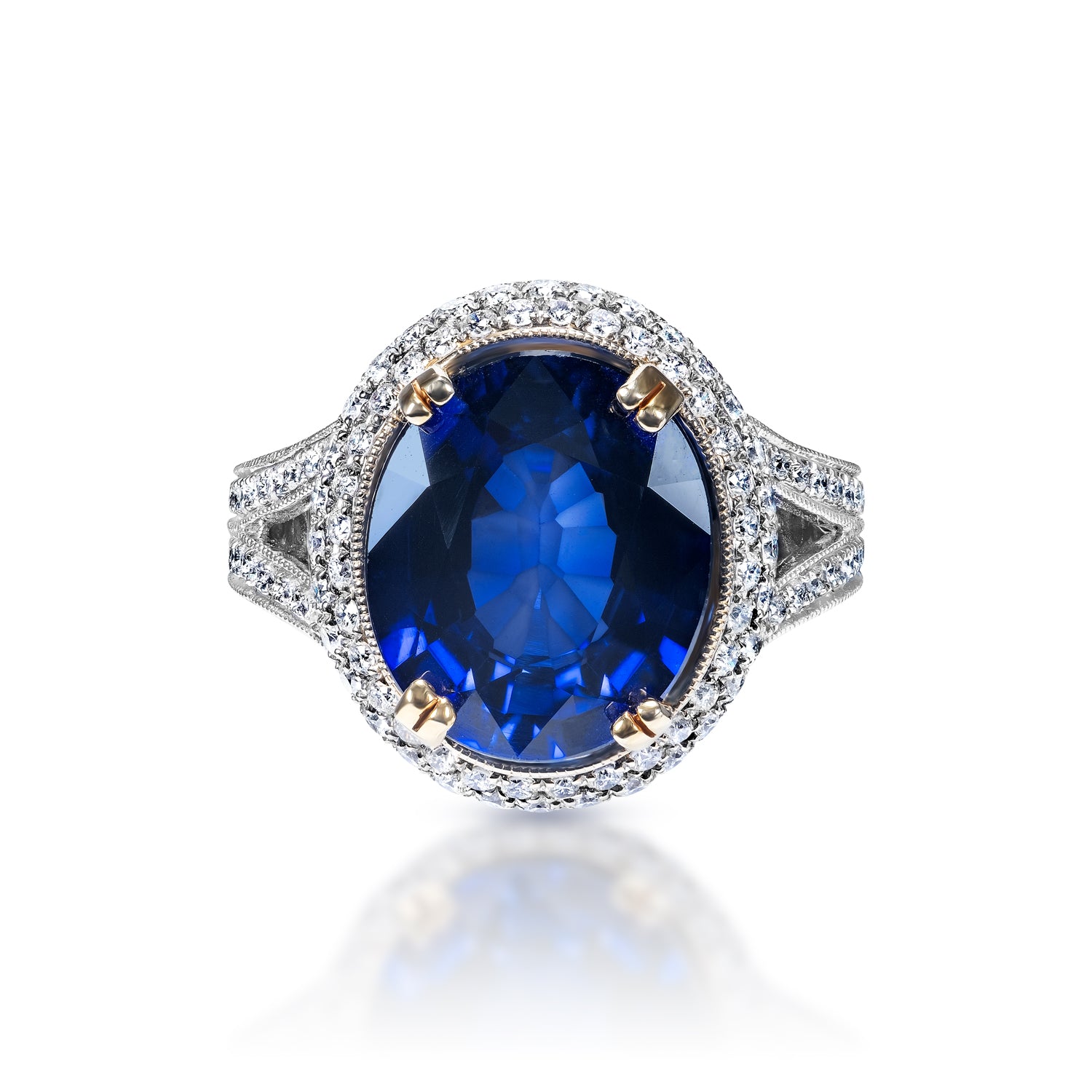 Jocelyn 10 Carat Oval Cut Blue Sapphire Ring in 18k White Gold Front View