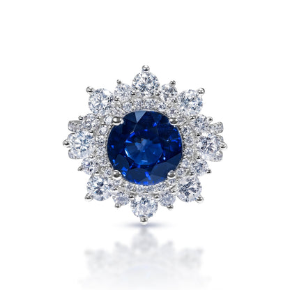 Evie 7 Carats Round Brilliant Blue Sapphire Ring in 18k White Gold Front View