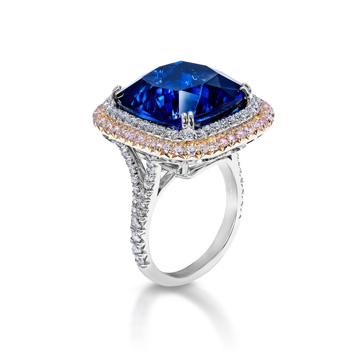 Fiona 31 Carat Cushion Cut Blue Sapphire Ring with Diamond Double Halo in Platinum Side View