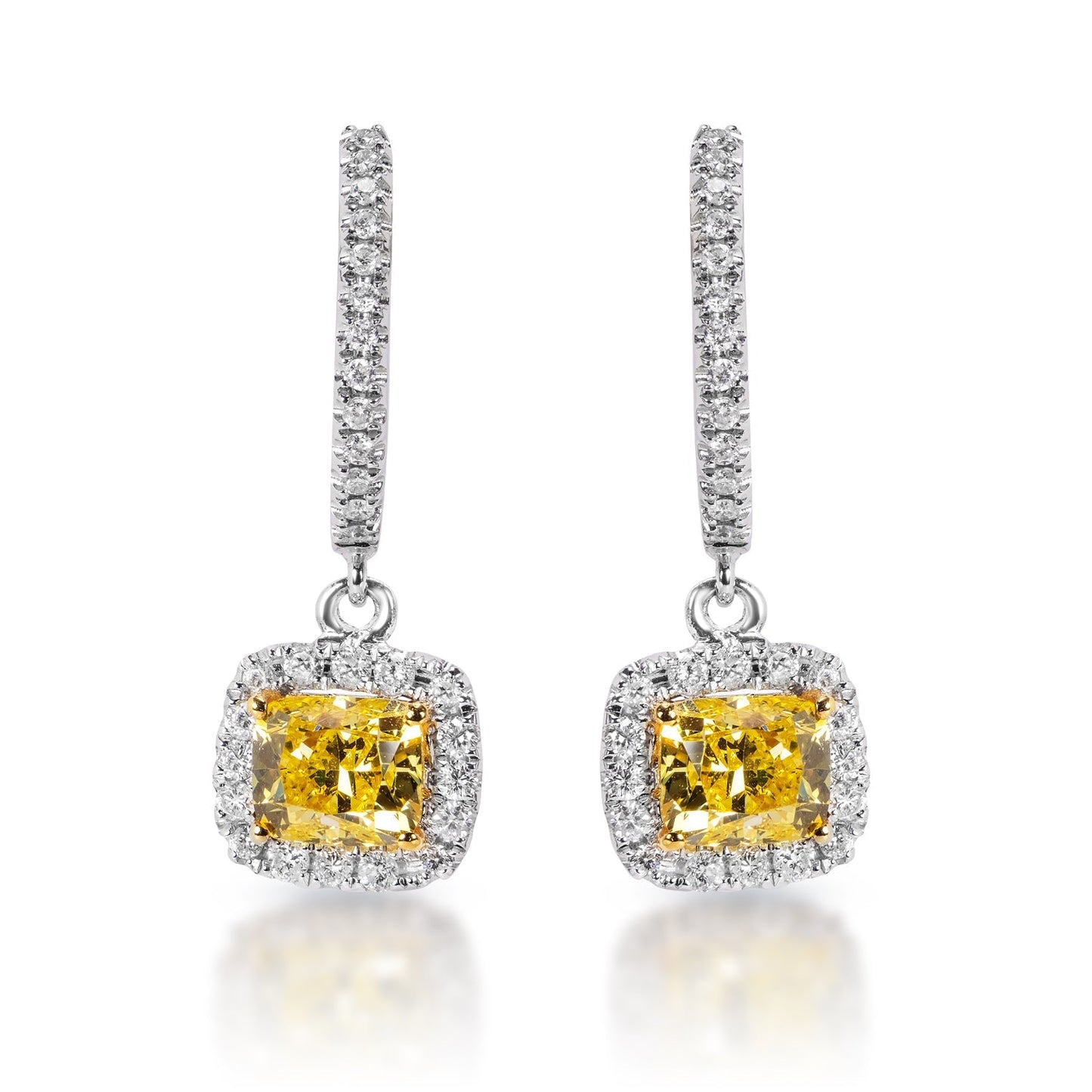 Madeleine 1 Carat Cushion Cut Diamond Leverback Earrings  with yellow diamonds in 14k White Gold Front View