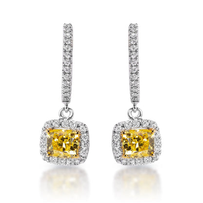 Madeleine 1 Carat Cushion Cut Diamond Leverback Earrings  with yellow diamonds in 14k White Gold Front View