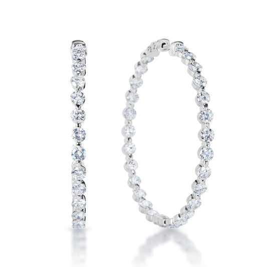 Karissa 10 Carat Round Brilliant Diamond Hoop Earrings in 18k White Gold Front and Side View