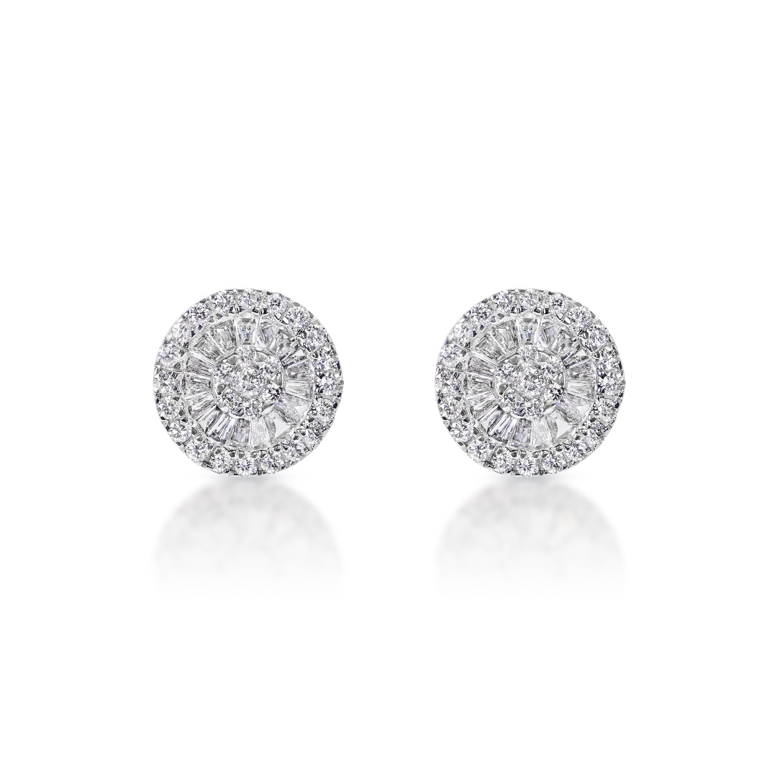 1 Carat Combine Mixed Shape Diamond Stud Earrings in 14k White Gold Front View