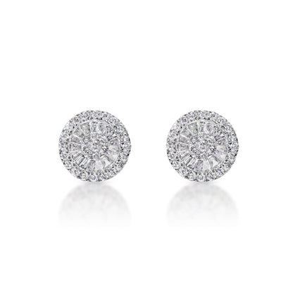 1 Carat Combine Mixed Shape Diamond Stud Earrings in 14k White Gold Front View