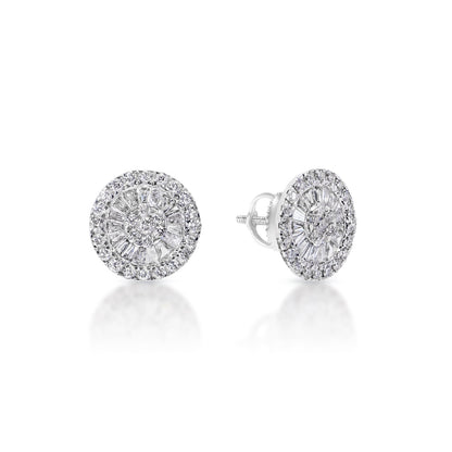 1 Carat Combine Mixed Shape Diamond Stud Earrings in 14k White Gold Front and Side View