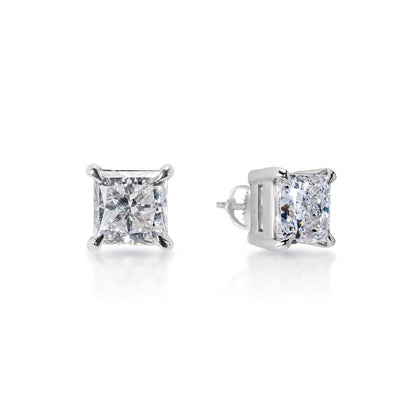 Lorraine Rachel 3 Carat Princess Cut Lab Grown Diamond Stud Earrings in 14k White Gold Front and Side View