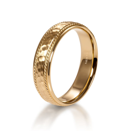 Henry Men's Wedding Band 14k Yellow Gold 6mm Hammered and Satin with Rope off the  Edge