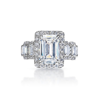 Allison 8 Carat G VVS1 Emerald Cut Diamond Engagement Ring in 18k White Gold Front View