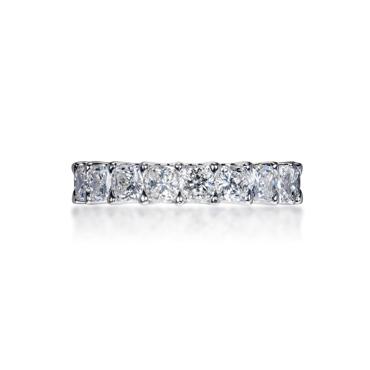 Ellis 4 Carats Cushion Cut Diamond Eternity Ring in 18k White Gold U-Shape Shared Prong Front View