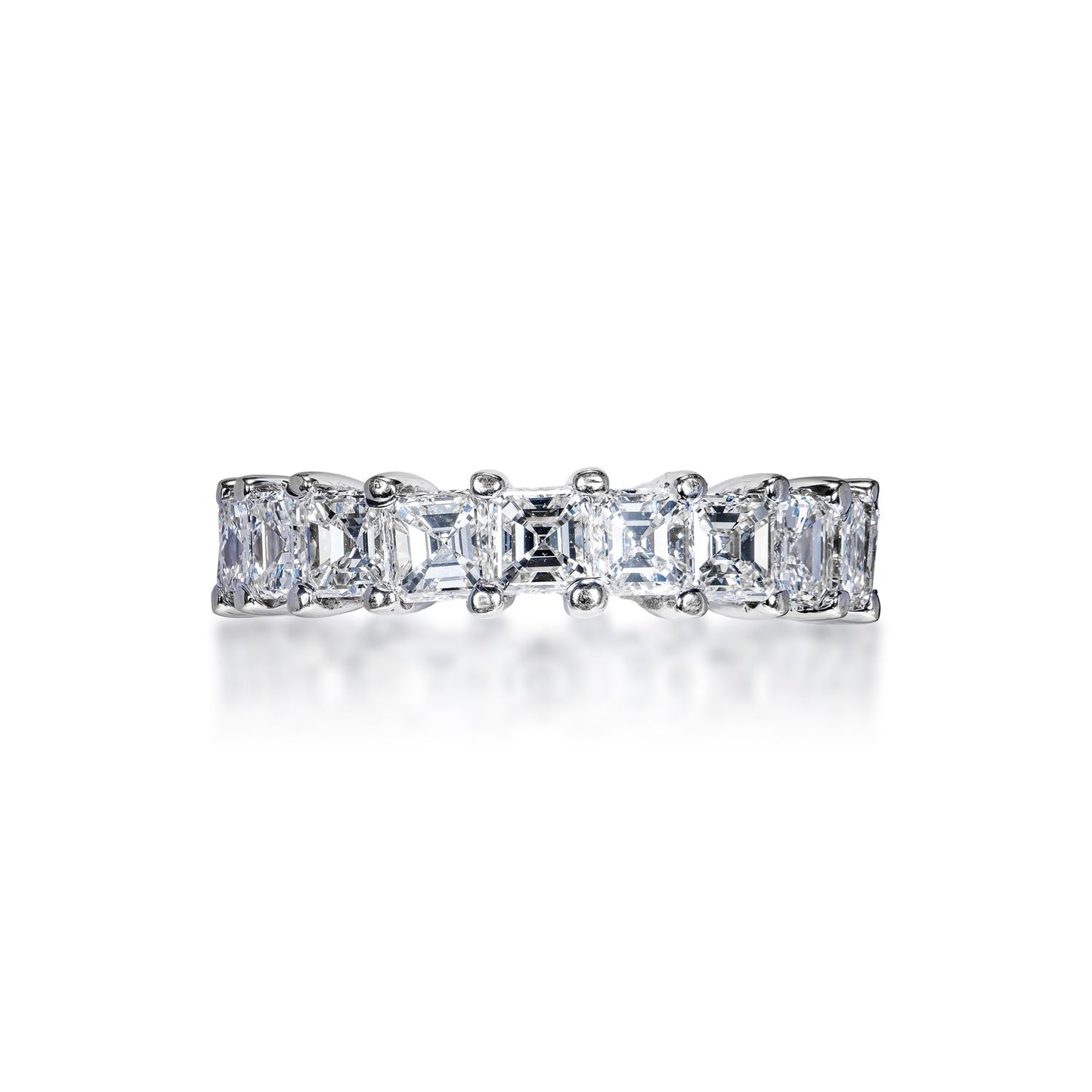 Nola 4 Carat Asscher Cut Diamond Eternity Band in 14k White Gold Shared Prong Front View