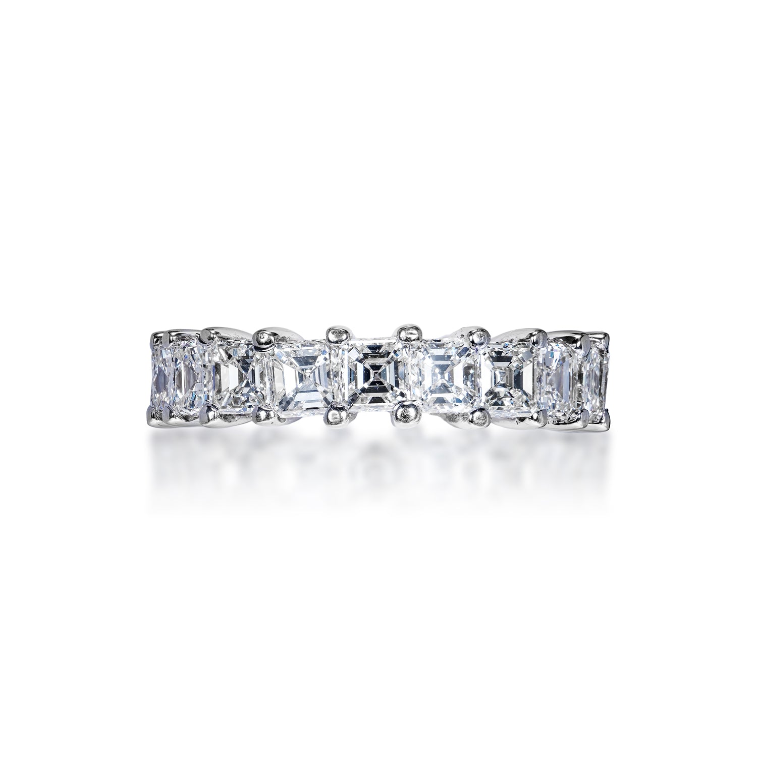 Nola 4 Carat Asscher Cut Diamond Eternity Band in 14k White Gold Shared Prong Front View