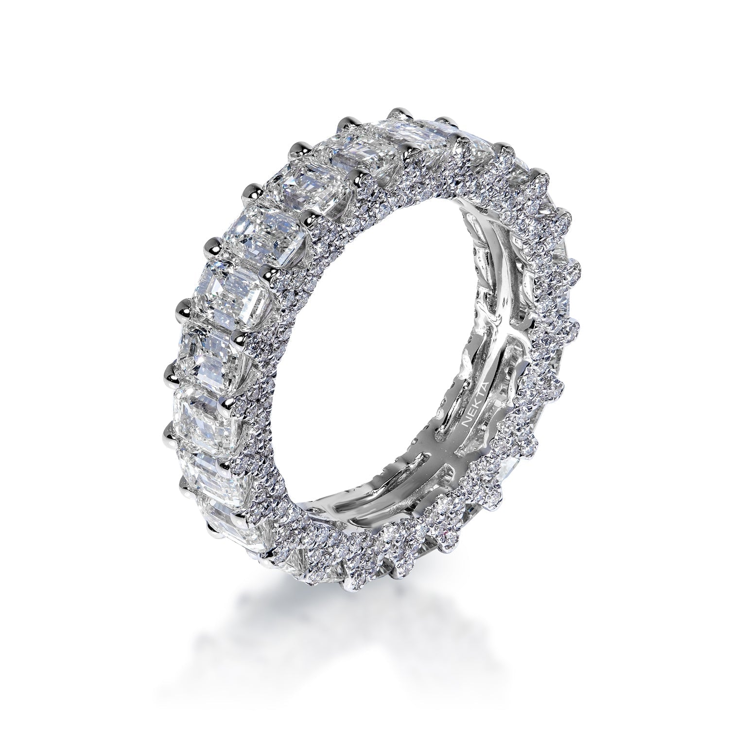 Angelica 6 Carat Emerald Cut Diamond Eternity Band in 14k White Gold Shared Prong With Diamond Encrusted Prongs Side View